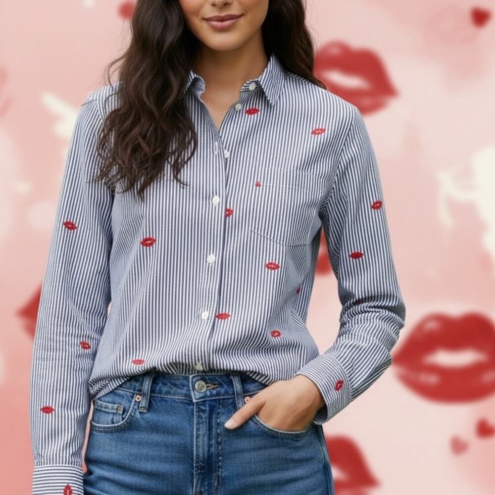 J. Crew Gray Striped Classic Boy Shirt Embroidered Kisses valentine's Day size 2